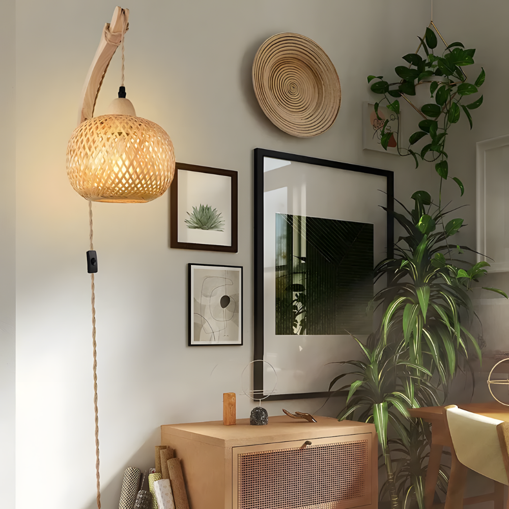 Lampe murale lanterne en bambou & osier éclairage bohème - HAVEN