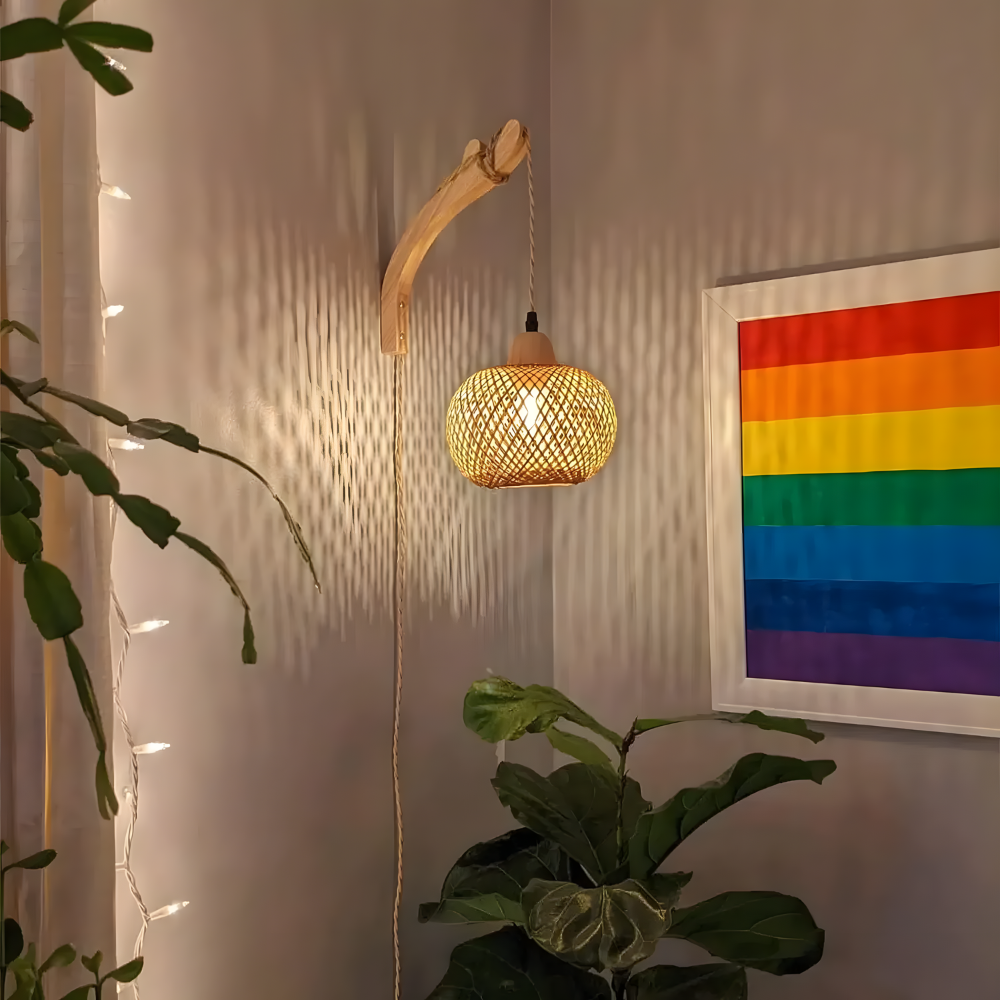 Lampe murale lanterne en bambou & osier éclairage bohème - HAVEN