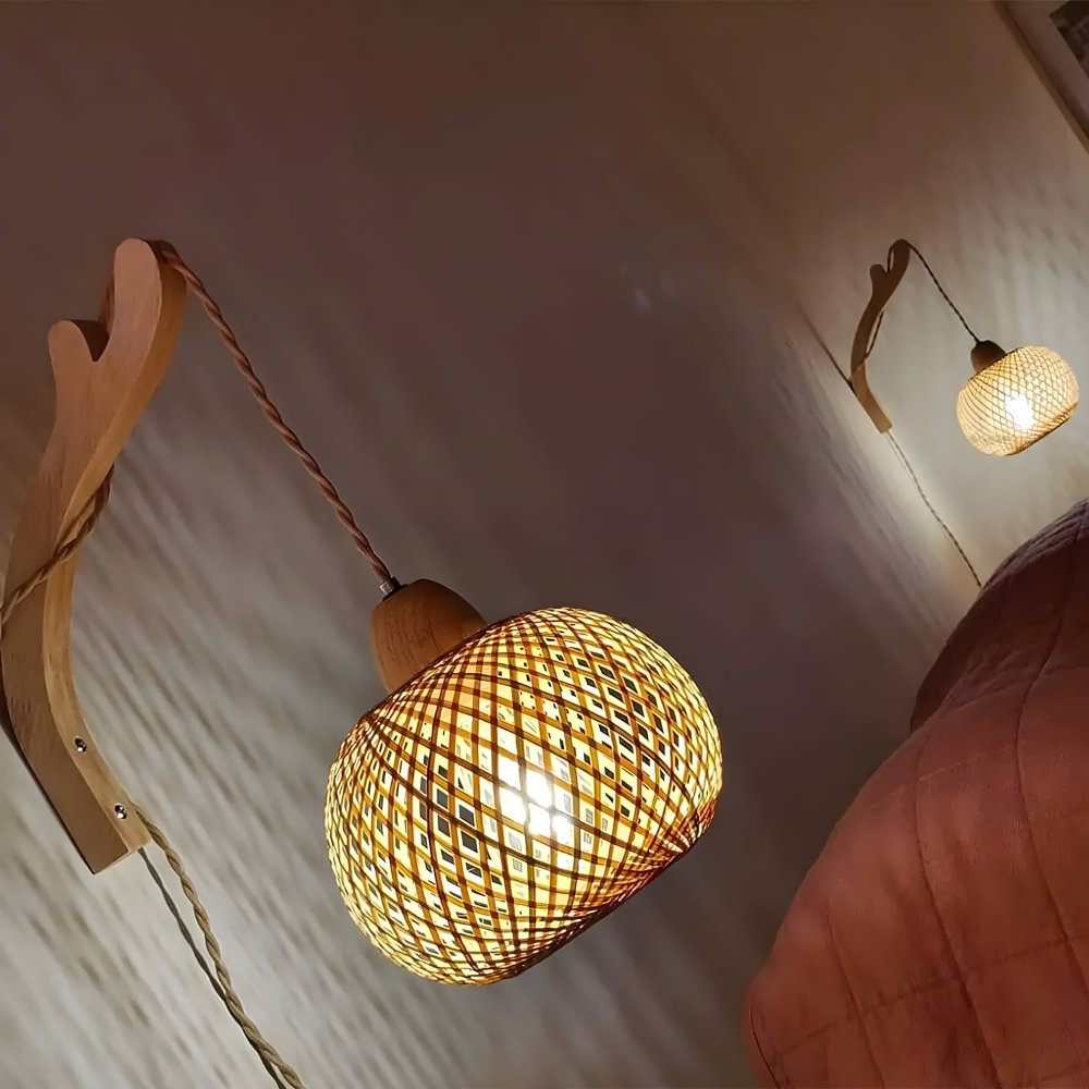Lampe murale lanterne en bambou & osier éclairage bohème - HAVEN