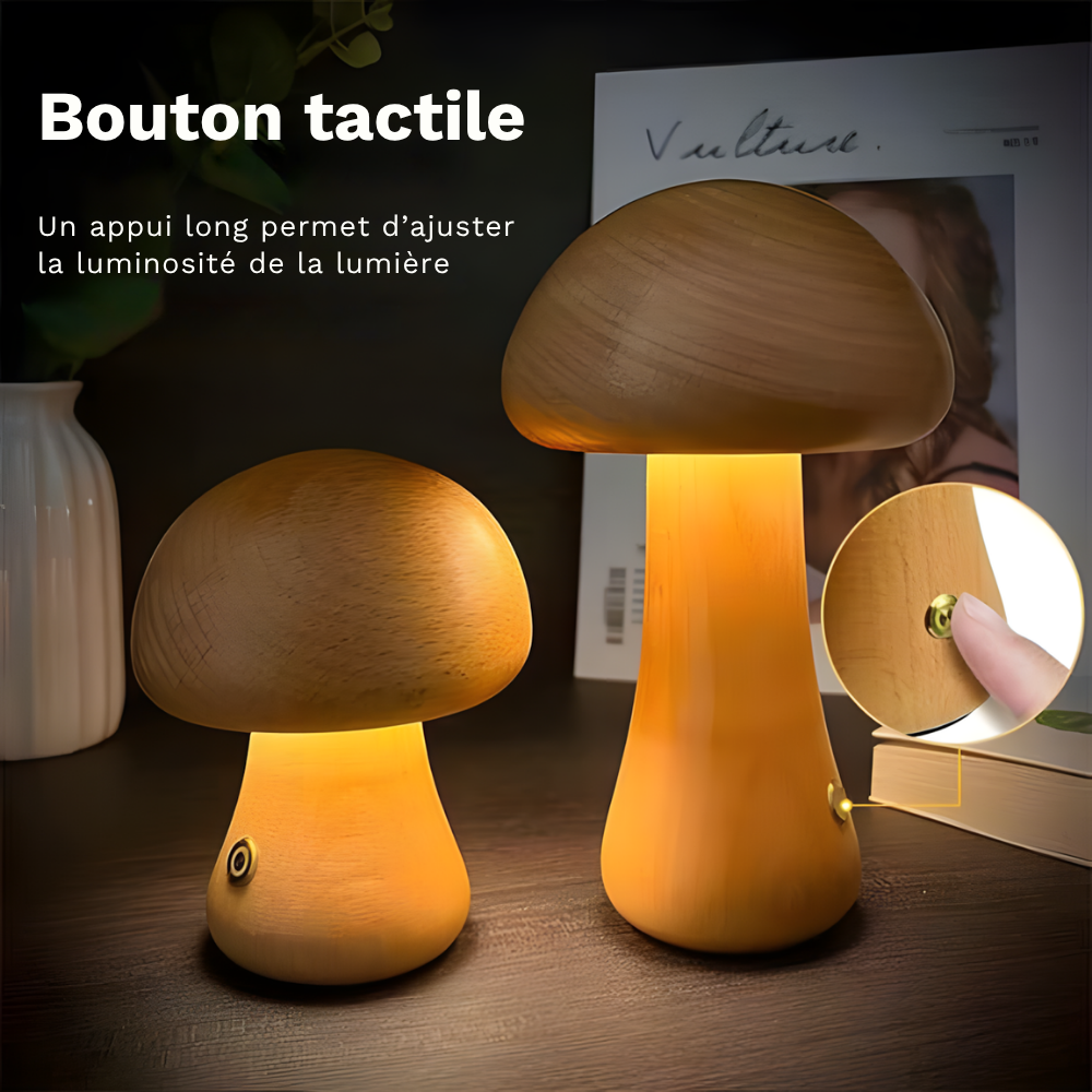 Lampe de chevet LED champignon tactile en bois décoratif - Mushra