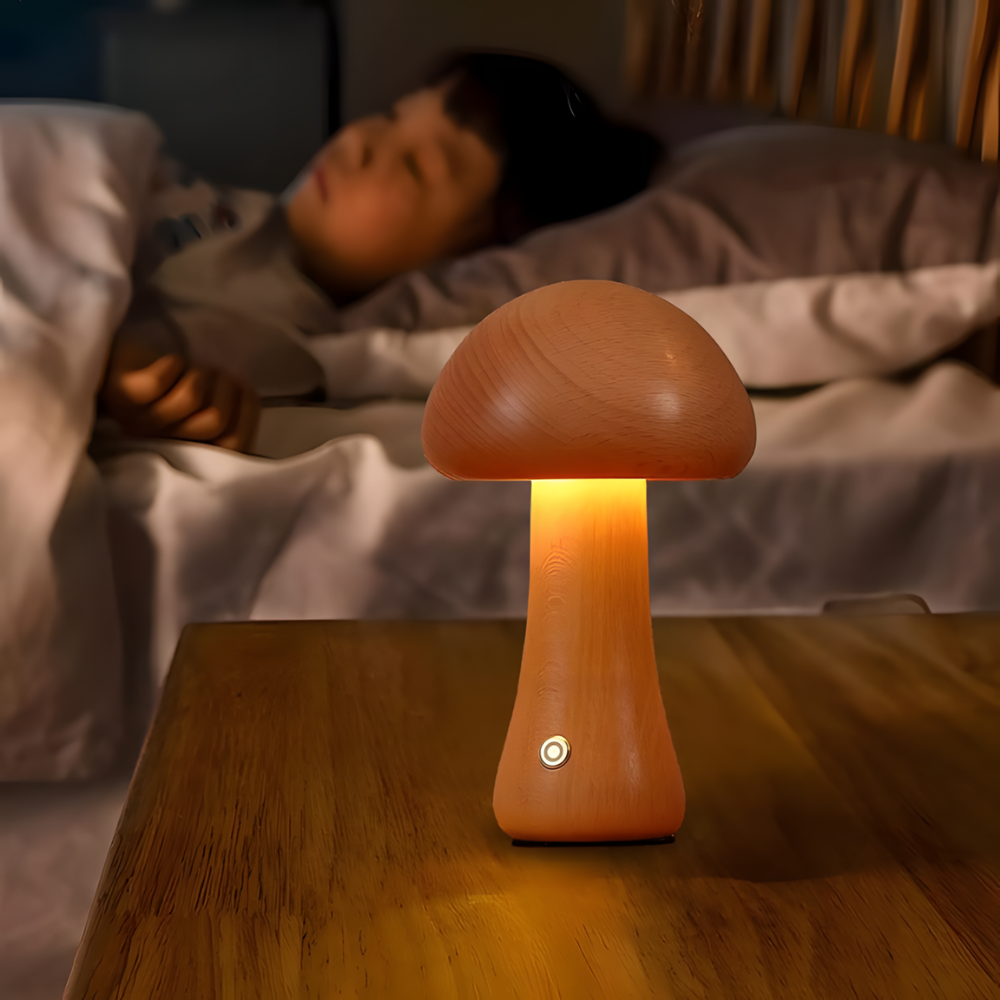 Lampe de chevet LED champignon tactile en bois décoratif - Mushra