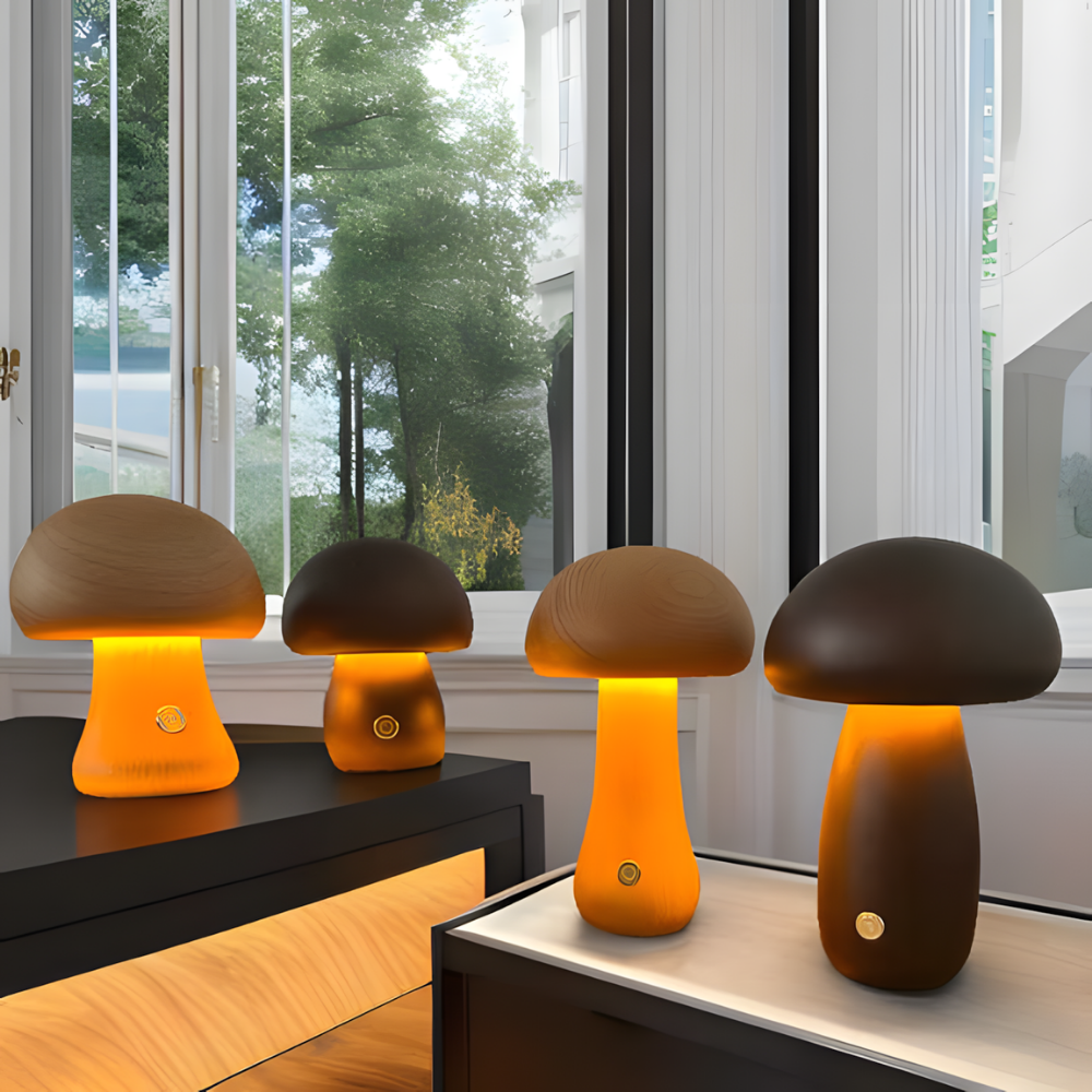 Lampe de chevet LED champignon tactile en bois décoratif - Mushra