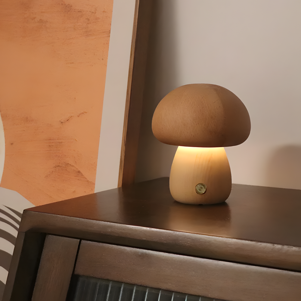 Lampe de chevet LED champignon tactile en bois décoratif - Mushra