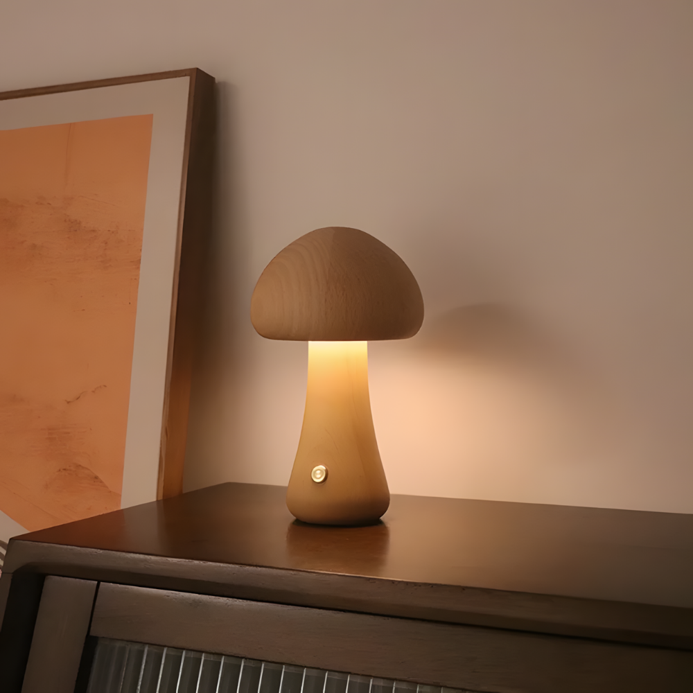 Lampe de chevet LED champignon tactile en bois décoratif - Mushra