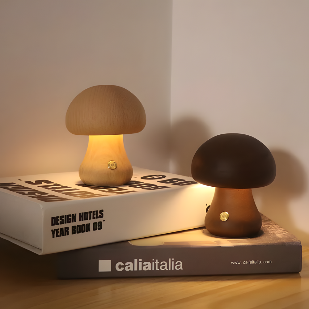 Lampe de chevet LED champignon tactile en bois décoratif - Mushra
