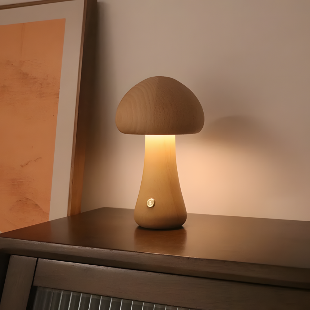 Lampe de chevet LED champignon tactile en bois décoratif - Mushra