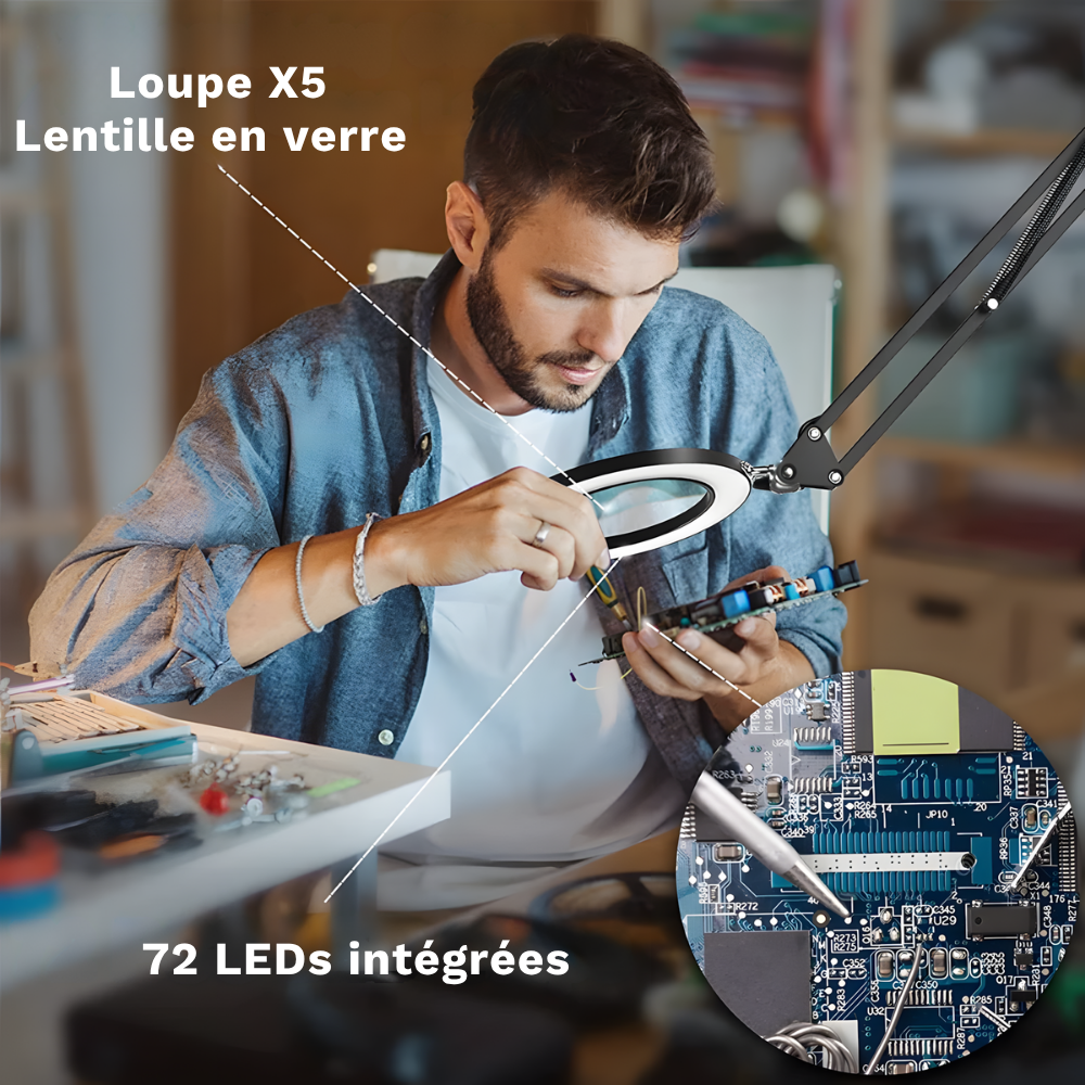 Lampe de bureau LED loupe grossissement 5X lumière réglable en 3 couleurs - LUXIRA