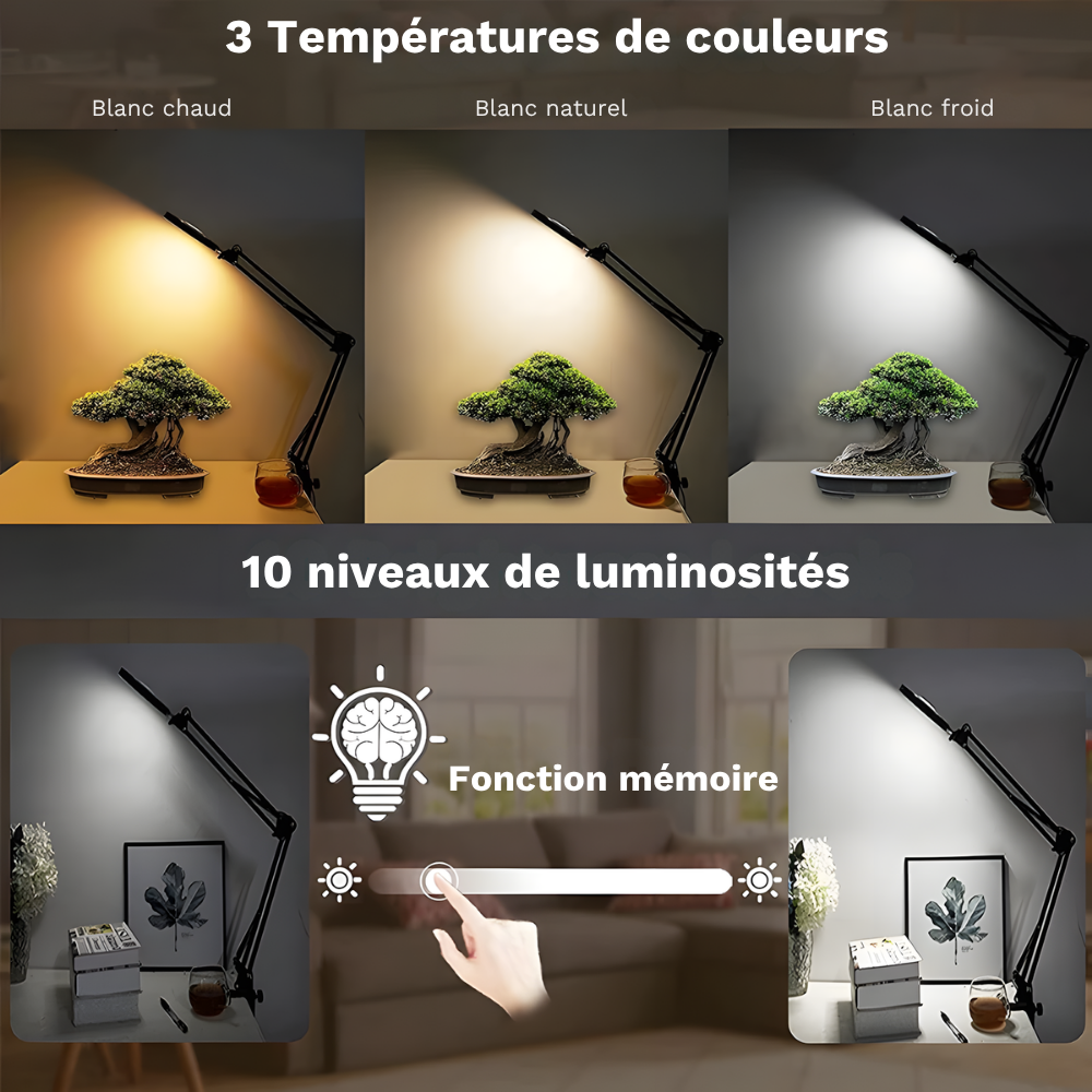 Lampe de bureau LED loupe grossissement 5X lumière réglable en 3 couleurs - LUXIRA