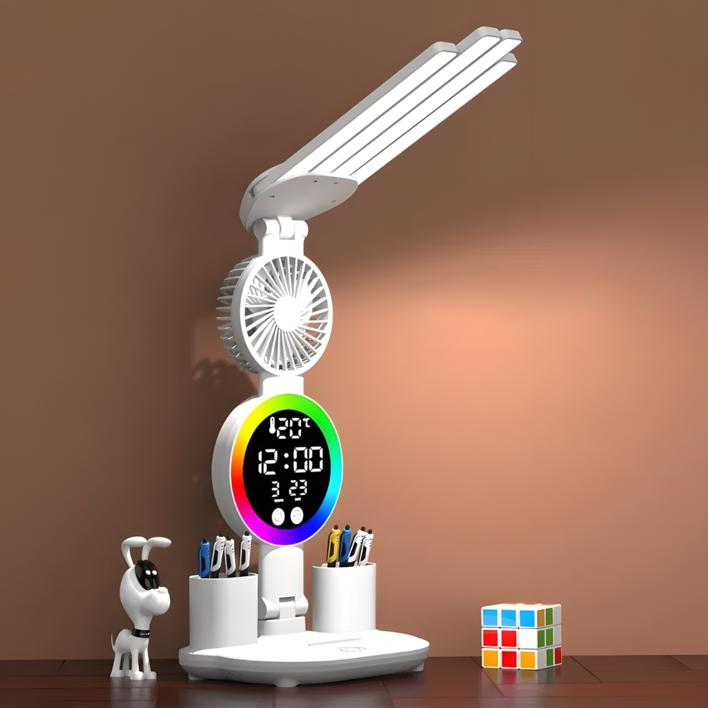 Lampe de bureau LED sans fil 4-en-1 avec Ventilateur, Horloge et Éclairage RGB - NENOXA