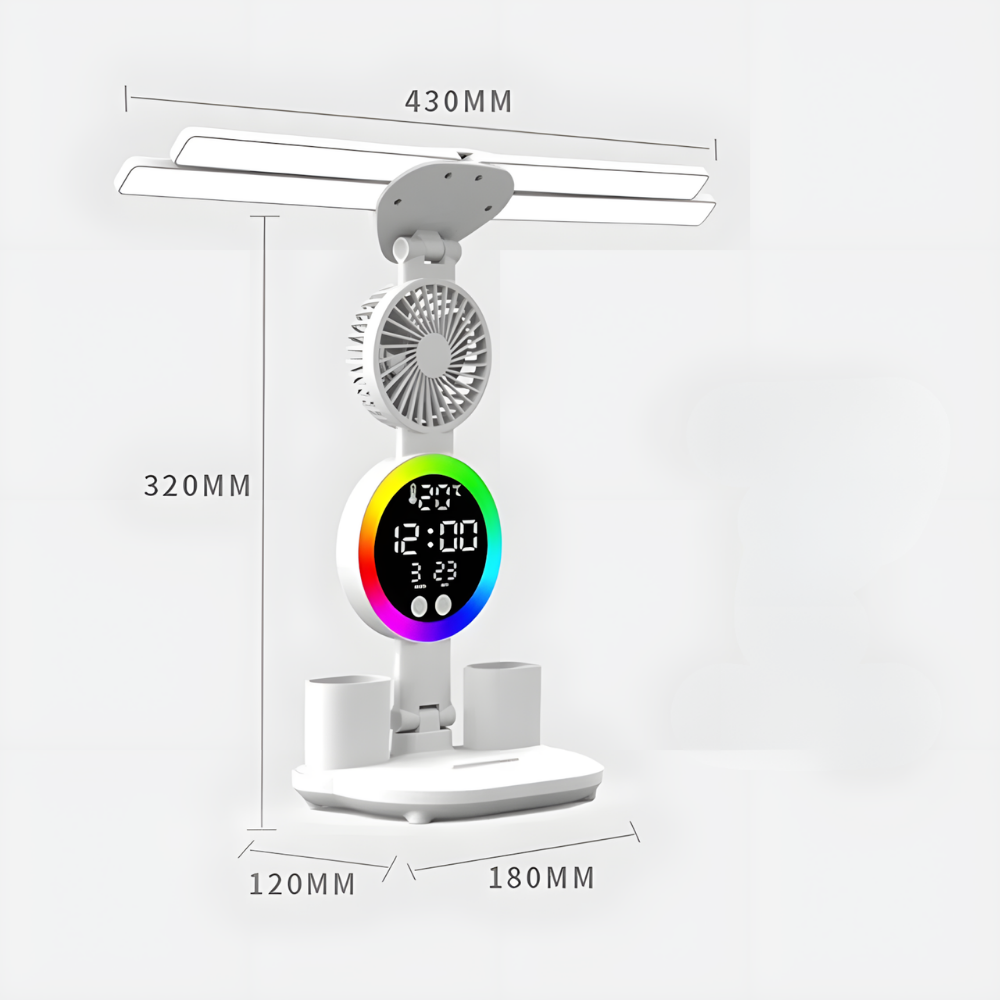 Lampe de bureau LED sans fil 4-en-1 avec Ventilateur, Horloge et Éclairage RGB - NENOXA