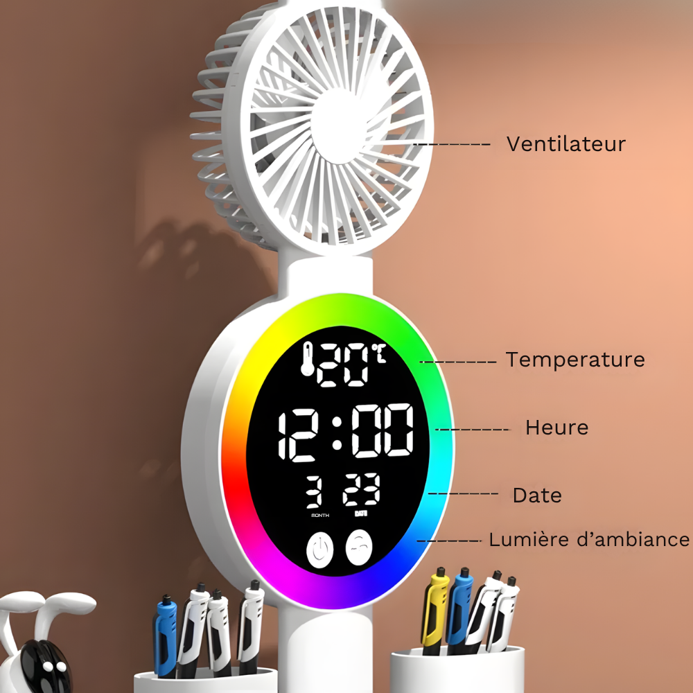 Lampe de bureau LED sans fil 4-en-1 avec Ventilateur, Horloge et Éclairage RGB - NENOXA
