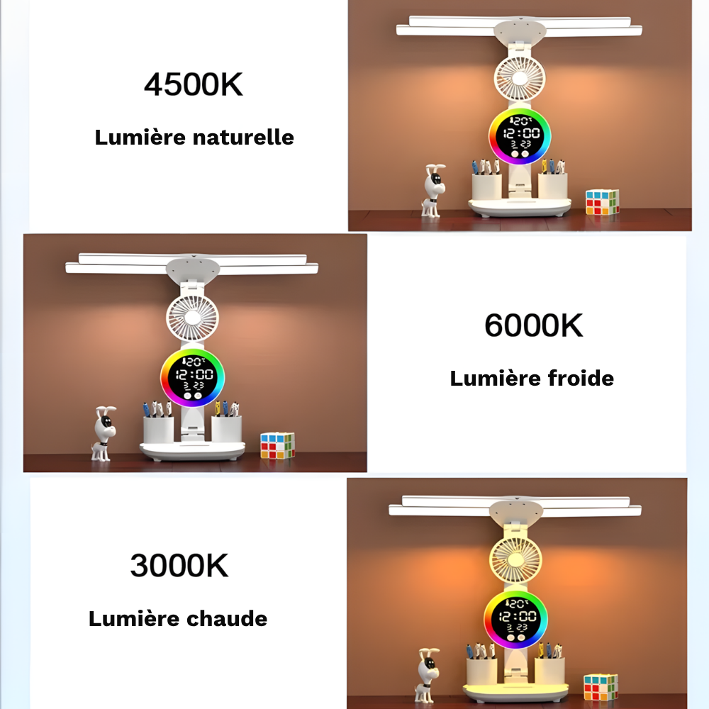 Lampe de bureau LED sans fil 4-en-1 avec Ventilateur, Horloge et Éclairage RGB - NENOXA