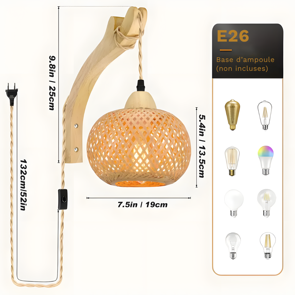 Lampe murale lanterne en bambou & osier éclairage bohème - HAVEN