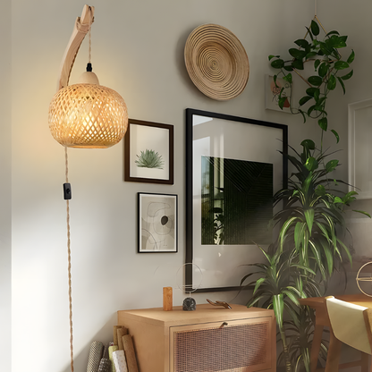 Lampe murale lanterne en bambou & osier éclairage bohème - HAVEN