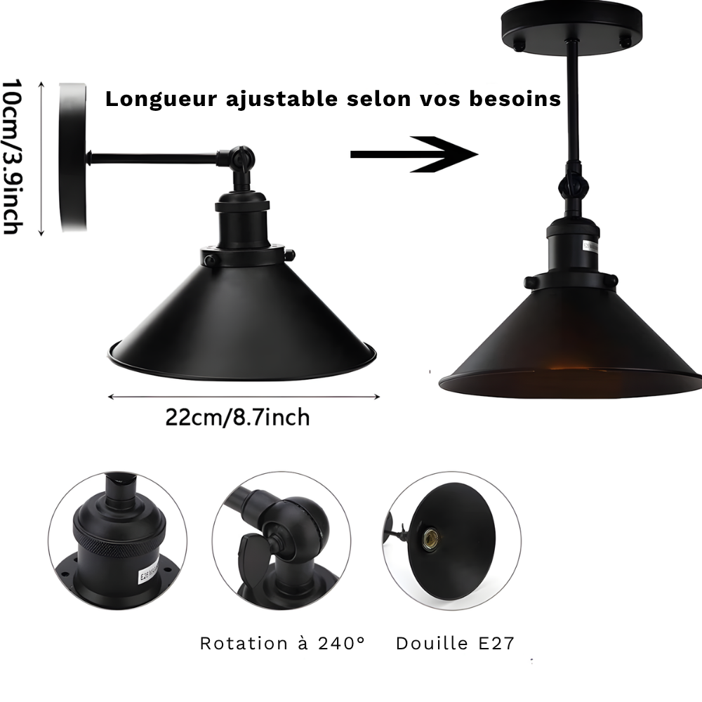 Lampe murale noire vintage industrielle applique réglable - BARABA