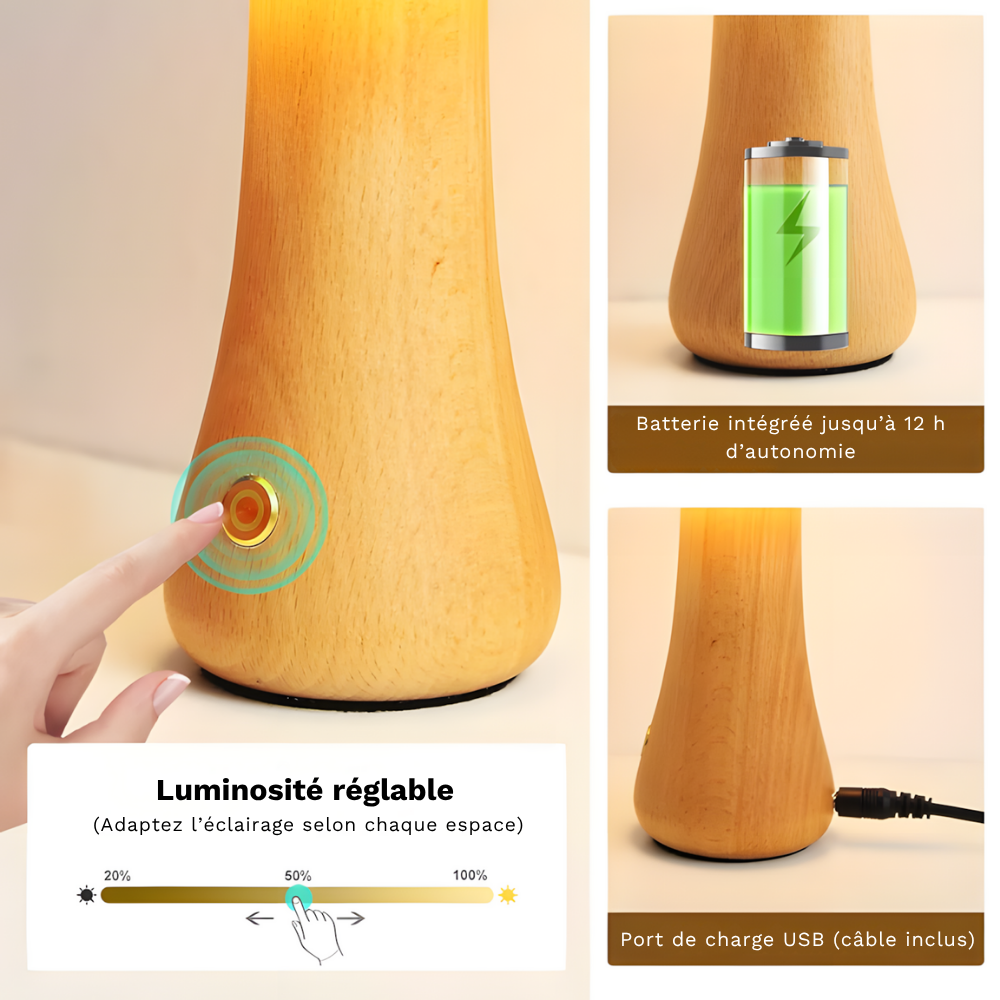 Lampe de chevet LED champignon tactile en bois décoratif - Mushra