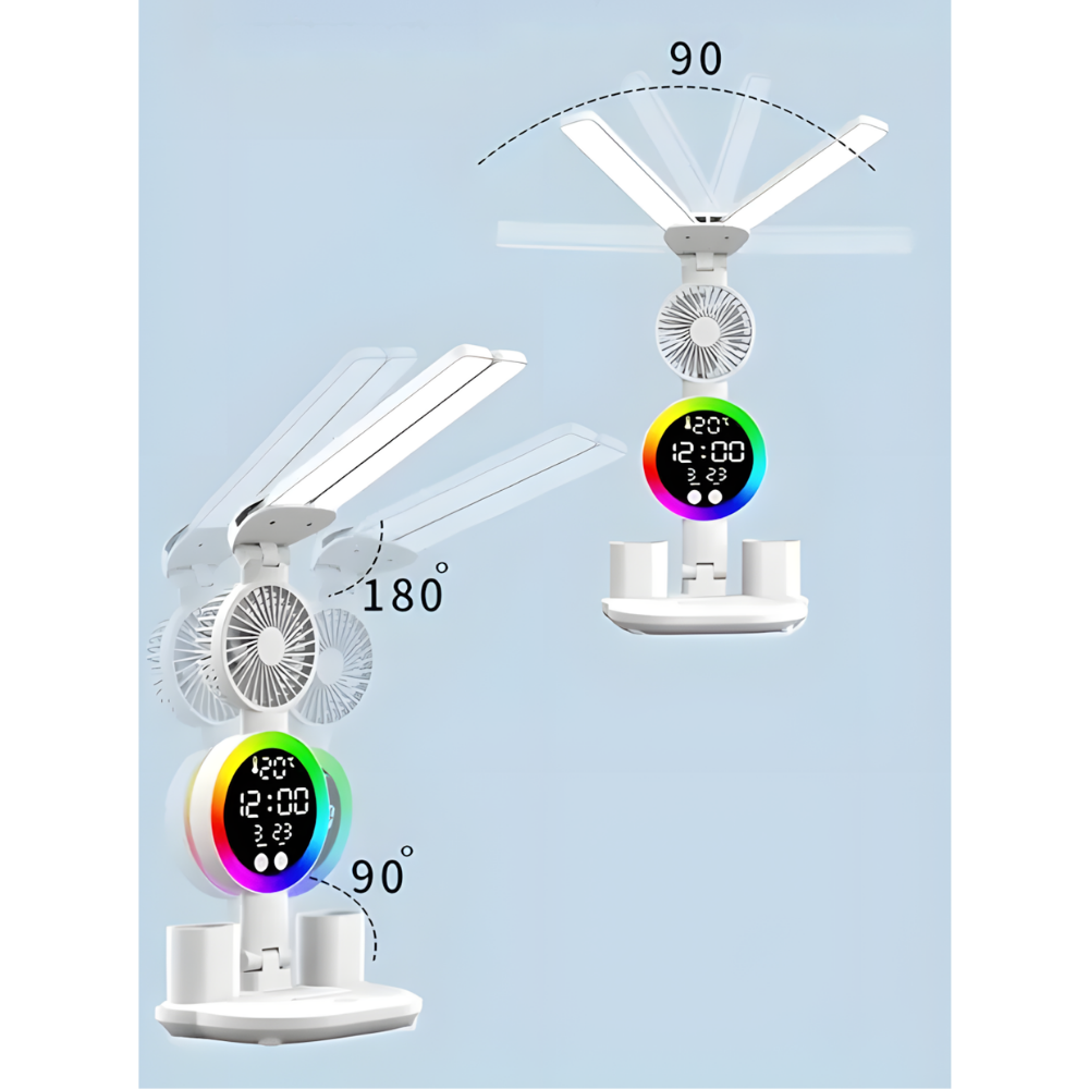 Lampe de bureau LED sans fil 4-en-1 avec Ventilateur, Horloge et Éclairage RGB - NENOXA