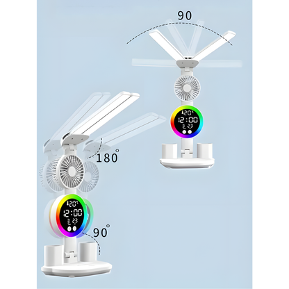 Lampe de bureau LED sans fil 4-en-1 avec Ventilateur, Horloge et Éclairage RGB - NENOXA