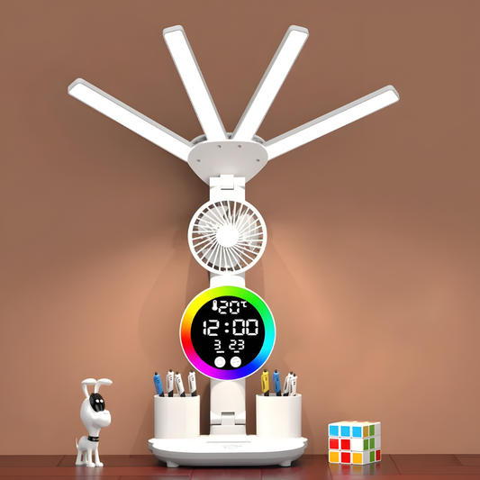 Lampe de bureau LED sans fil 4-en-1 avec Ventilateur, Horloge et Éclairage RGB - NENOXA