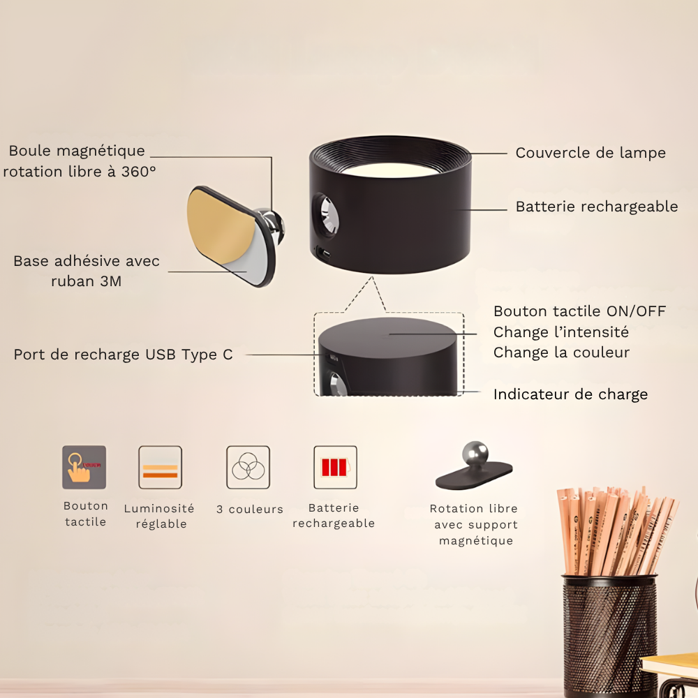 Lampe murale LED rechargeable 360° avec rotation et contrôle tactile – HALOA