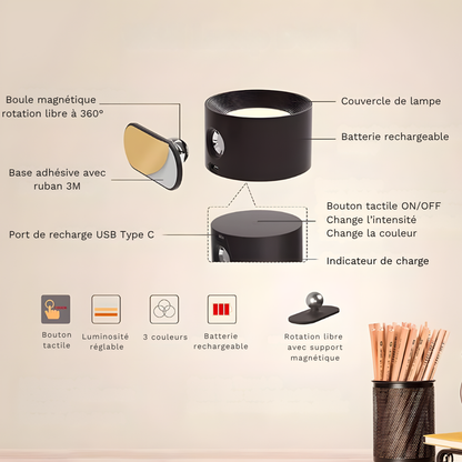 Lampe murale LED rechargeable 360° avec rotation et contrôle tactile – HALOA