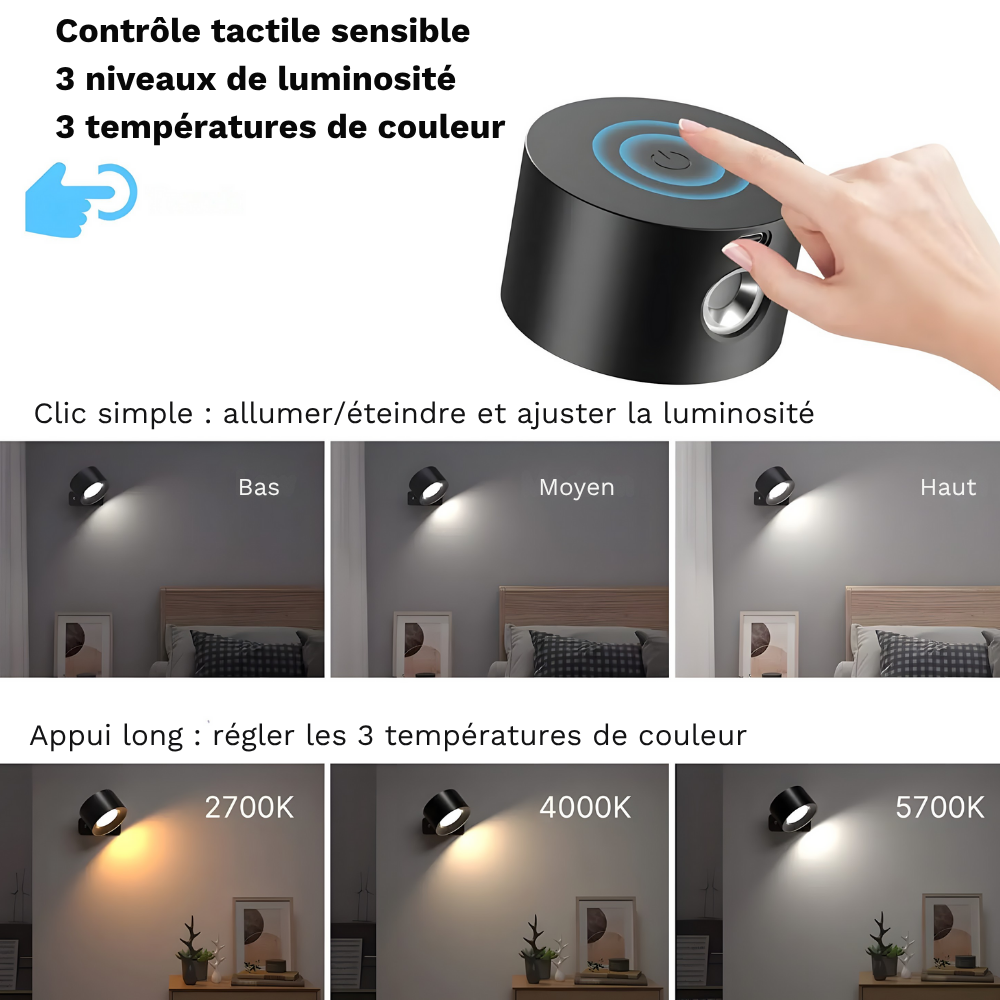 Lampe murale LED rechargeable 360° avec rotation et contrôle tactile – HALOA