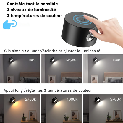 Lampe murale LED rechargeable 360° avec rotation et contrôle tactile – HALOA