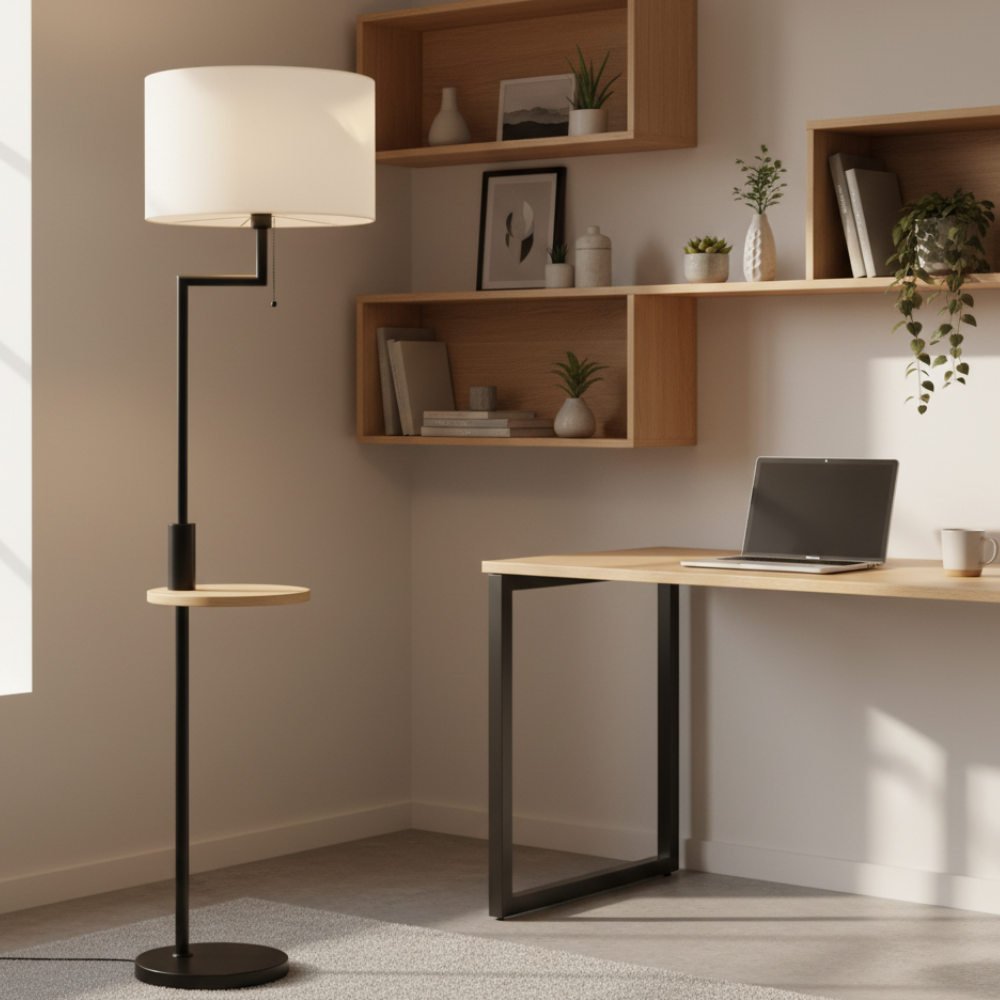 Lampadaire avec Abat-jour en Lin & Tablette Intégrée – VELISTA