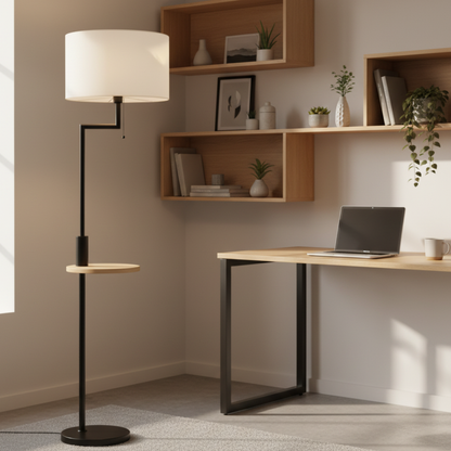 Lampadaire avec Abat-jour en Lin & Tablette Intégrée – VELISTA