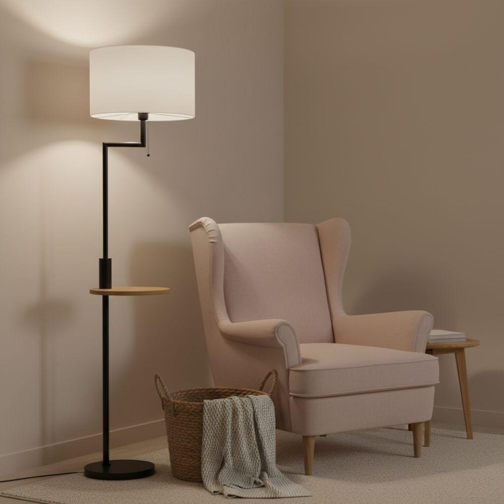 Lampadaire avec Abat-jour en Lin & Tablette Intégrée – VELISTA