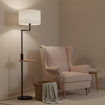 Lampadaire avec Abat-jour en Lin & Tablette Intégrée – VELISTA