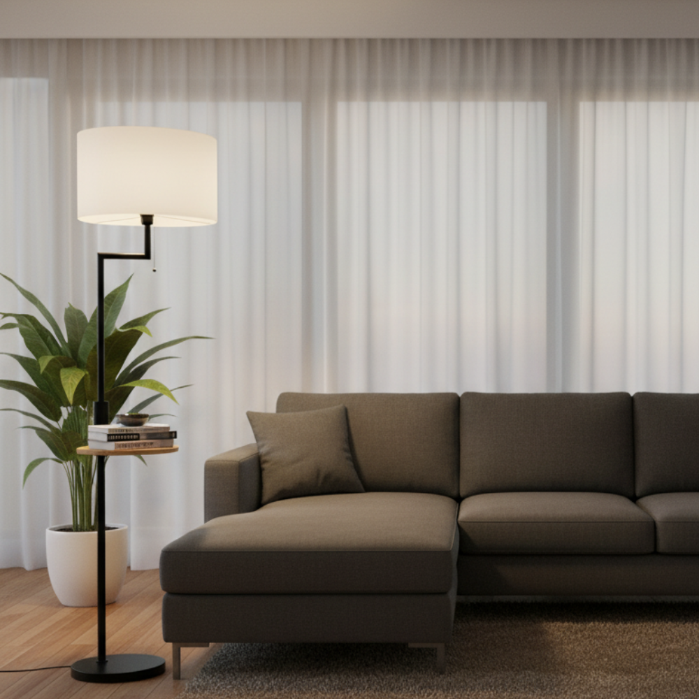 Lampadaire avec Abat-jour en Lin & Tablette Intégrée – VELISTA