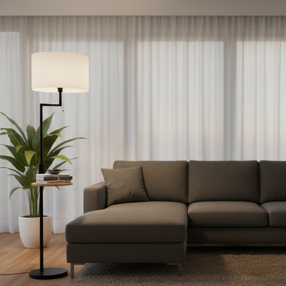 Lampadaire avec Abat-jour en Lin & Tablette Intégrée – VELISTA