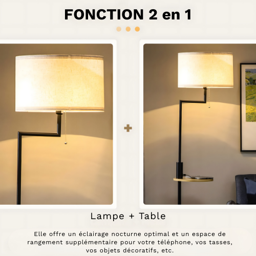 Lampadaire avec Abat-jour en Lin & Tablette Intégrée – VELISTA